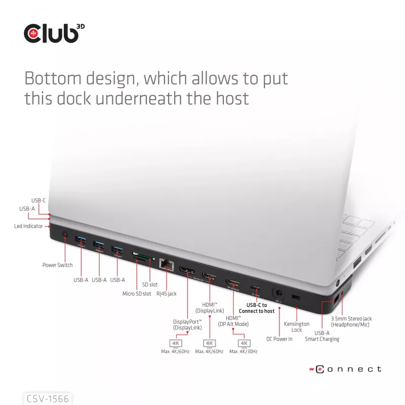 CLUB3D USB Gen1 Type-C Triple Display DP Alt mode Displaylink Dynamic PD Charging Dock ar 120 W barošanas bloku