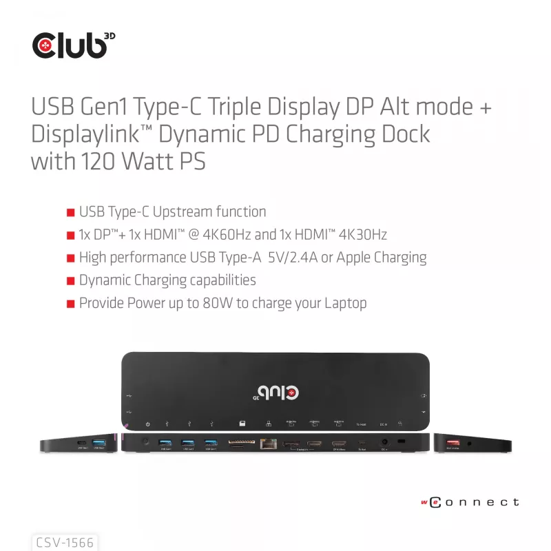 CLUB3D USB Gen1 Type-C Triple Display DP Alt mode Displaylink Dynamic PD Charging Dock ar 120 W barošanas bloku