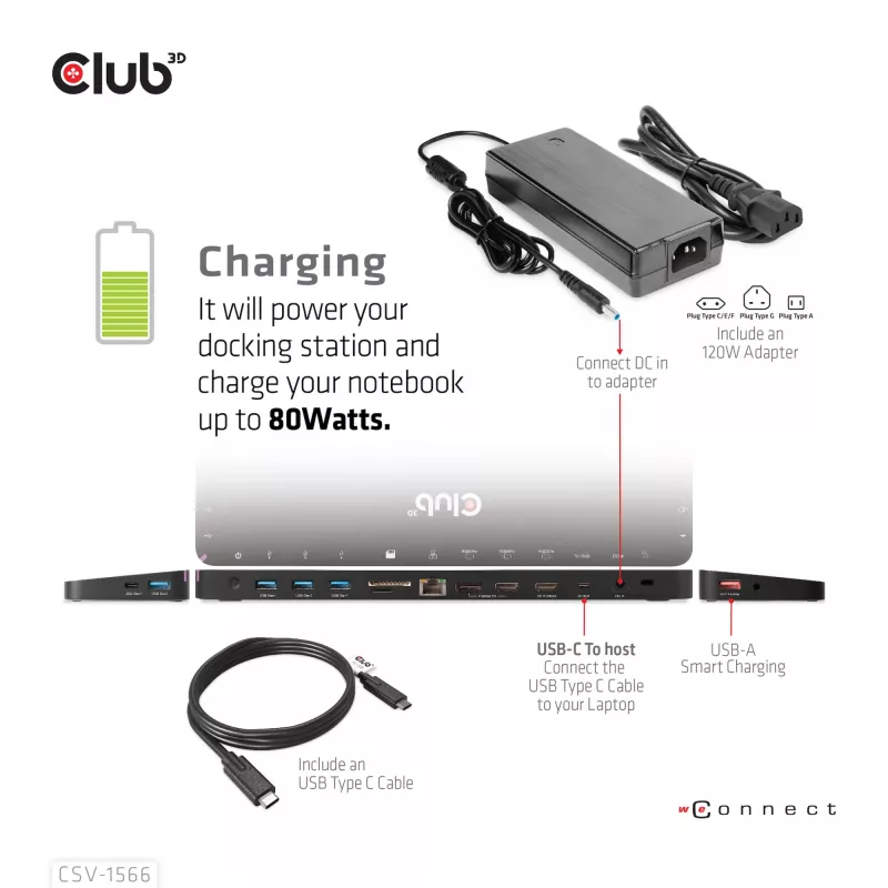 CLUB3D USB Gen1 Type-C Triple Display DP Alt mode Displaylink Dynamic PD Charging Dock ar 120 W barošanas bloku