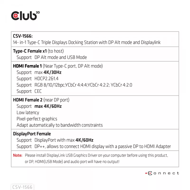 CLUB3D USB Gen1 Type-C Triple Display DP Alt mode Displaylink Dynamic PD Charging Dock ar 120 W barošanas bloku