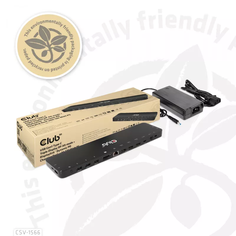 CLUB3D USB Gen1 Type-C Triple Display DP Alt mode Displaylink Dynamic PD Charging Dock ar 120 W barošanas bloku