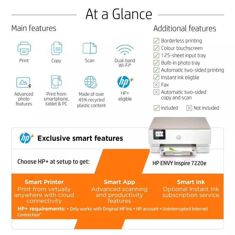HP ENVY Inspire 7220e Bezvadu Daudzfunkciju Krāsu Printeris, Instant Ink; Kopētājs, Skenētājs