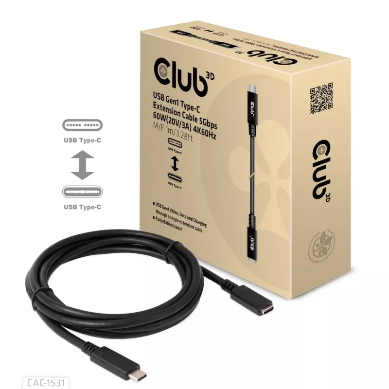 USB Gen1 Type-C pagarinātāja kabelis CLUB3D CAC-1531, 1 m, USB-C vīr. uz 2× USB-C siev., 5 Gbps, 60W PD, 4K@60Hz