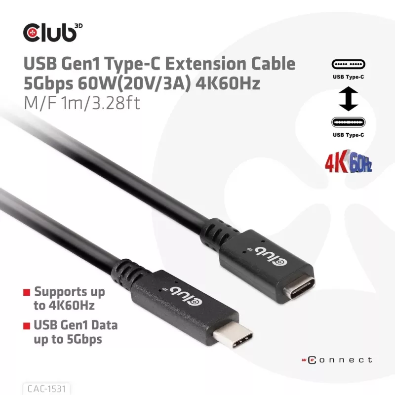 USB Gen1 Type-C pagarinātāja kabelis CLUB3D CAC-1531, 1 m, USB-C vīr. uz 2× USB-C siev., 5 Gbps, 60W PD, 4K@60Hz
