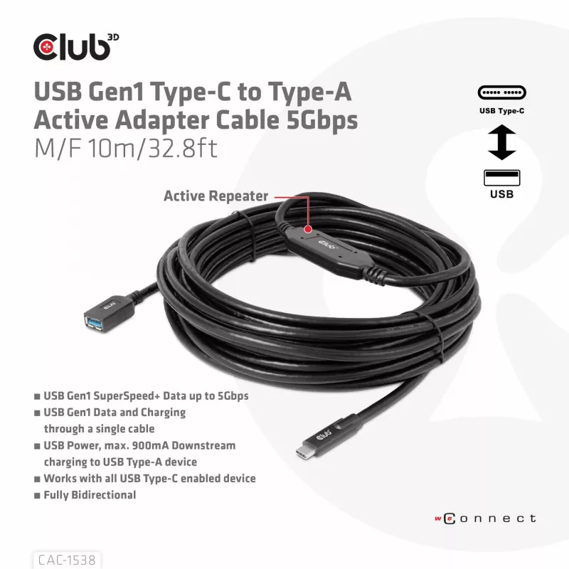 CLUB3D USB Gen1 Type-C uz Type-A aktīvais adaptera kabelis 5Gbps M/F 10m