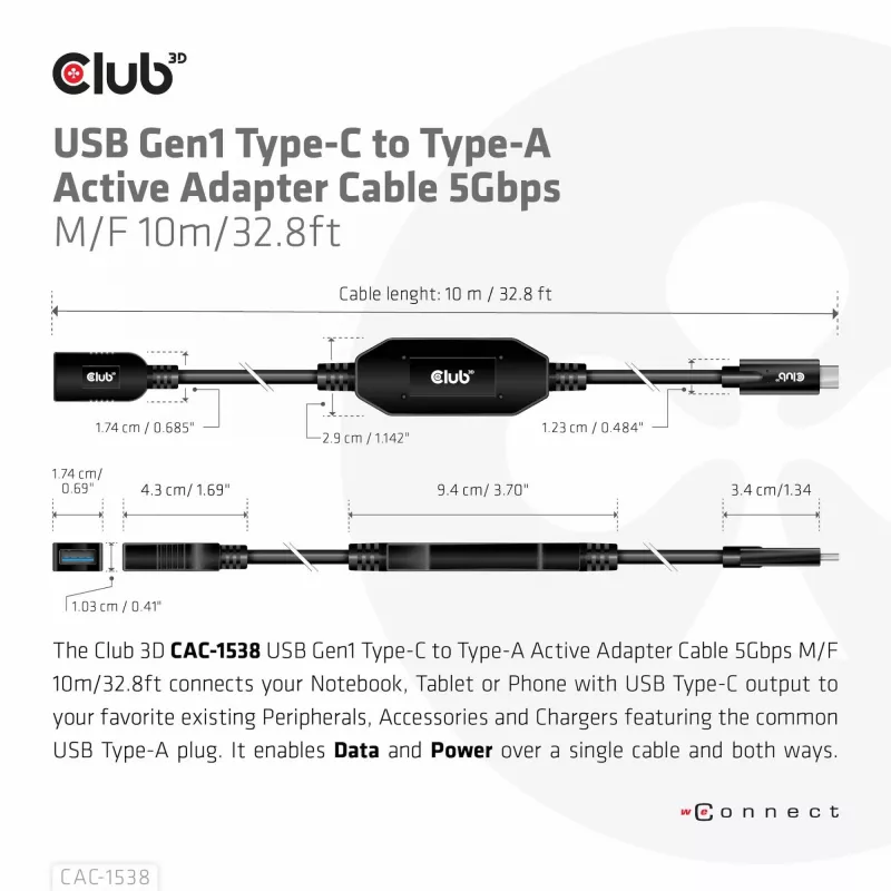 CLUB3D USB Gen1 Type-C uz Type-A aktīvais adaptera kabelis 5Gbps M/F 10m