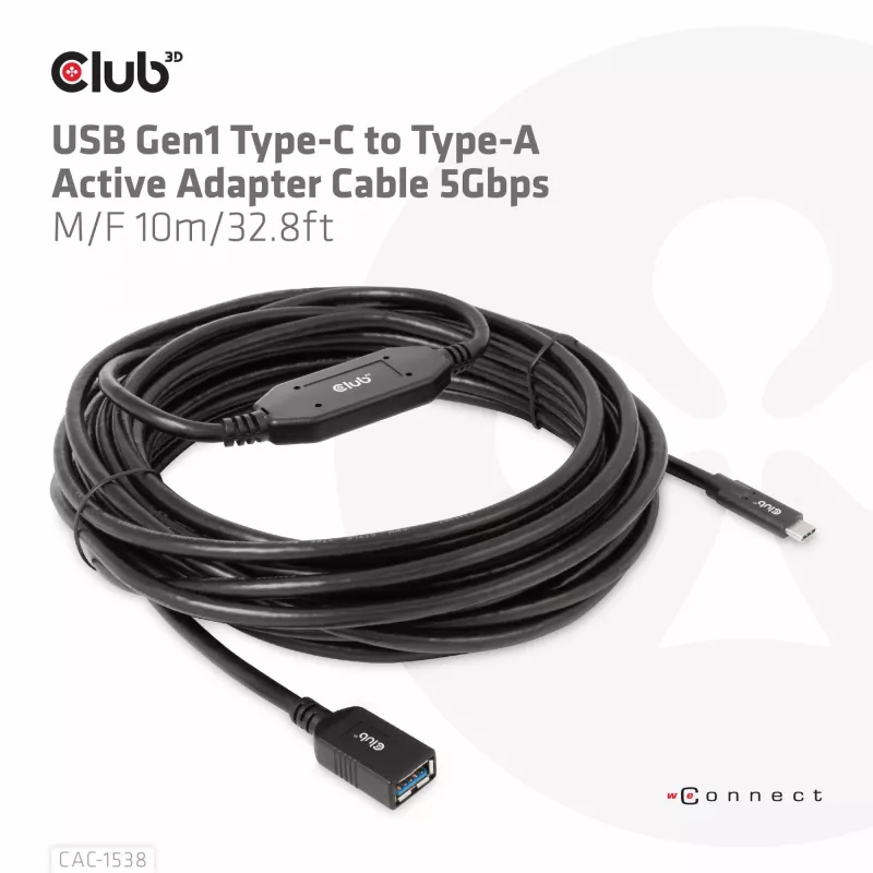 CLUB3D USB Gen1 Type-C uz Type-A aktīvais adaptera kabelis 5Gbps M/F 10m