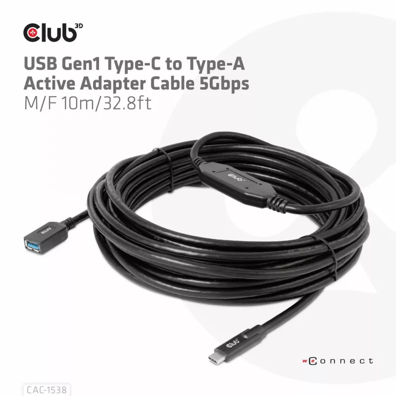 CLUB3D USB Gen1 Type-C uz Type-A aktīvais adaptera kabelis 5Gbps M/F 10m