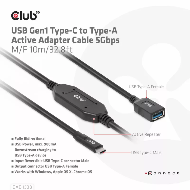 CLUB3D USB Gen1 Type-C uz Type-A aktīvais adaptera kabelis 5Gbps M/F 10m