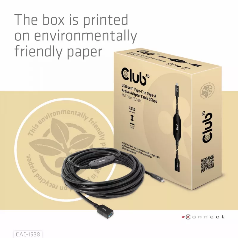 CLUB3D USB Gen1 Type-C uz Type-A aktīvais adaptera kabelis 5Gbps M/F 10m