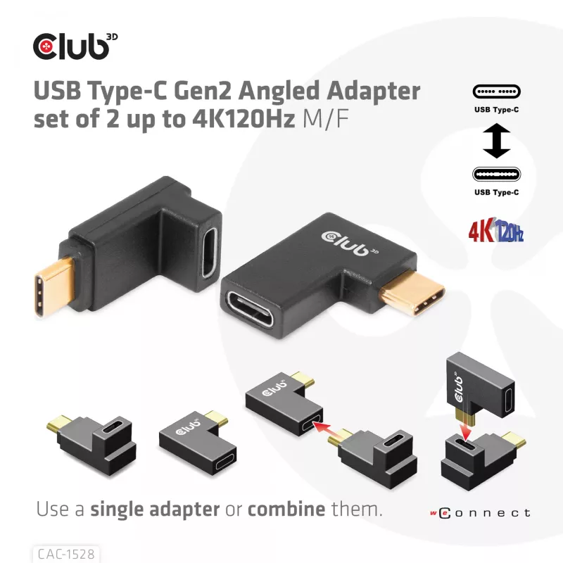 USB Type-C Gen2 leņķa adapteru komplekts (2 gab.) CLUB3D CAC-1528 — USB-C uz USB-C, atbalsta 4K@120Hz