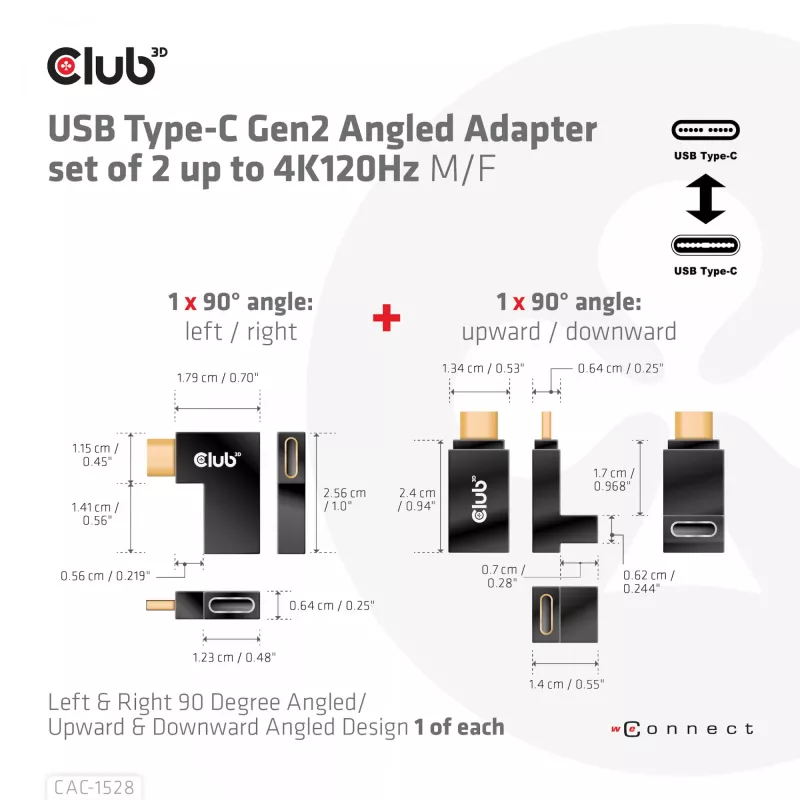 USB Type-C Gen2 leņķa adapteru komplekts (2 gab.) CLUB3D CAC-1528 — USB-C uz USB-C, atbalsta 4K@120Hz
