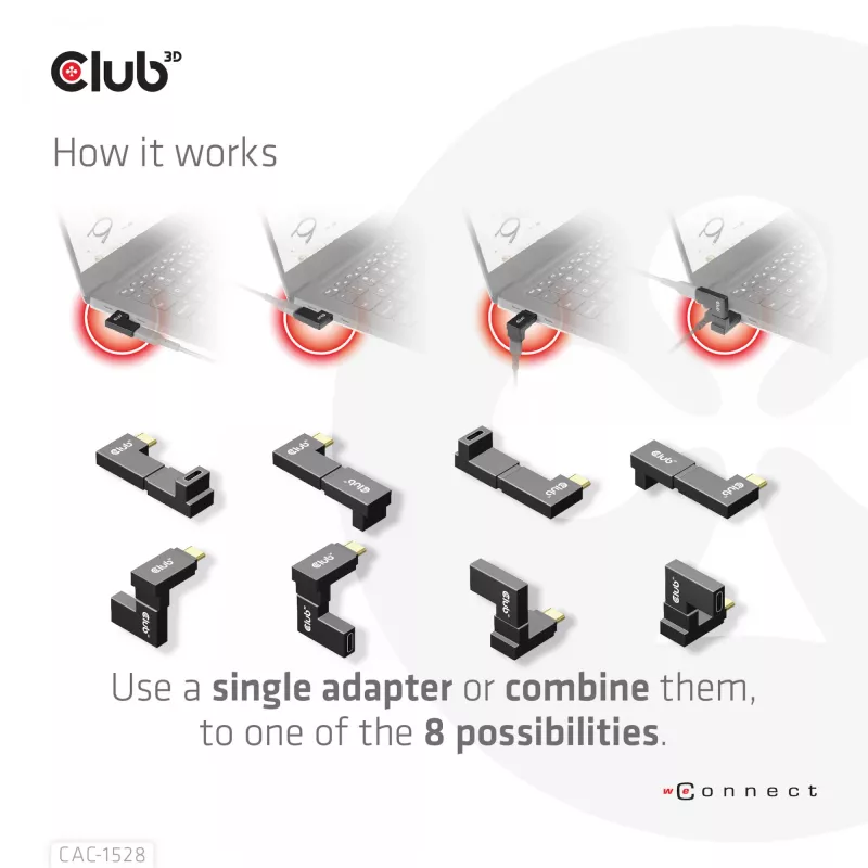 USB Type-C Gen2 leņķa adapteru komplekts (2 gab.) CLUB3D CAC-1528 — USB-C uz USB-C, atbalsta 4K@120Hz