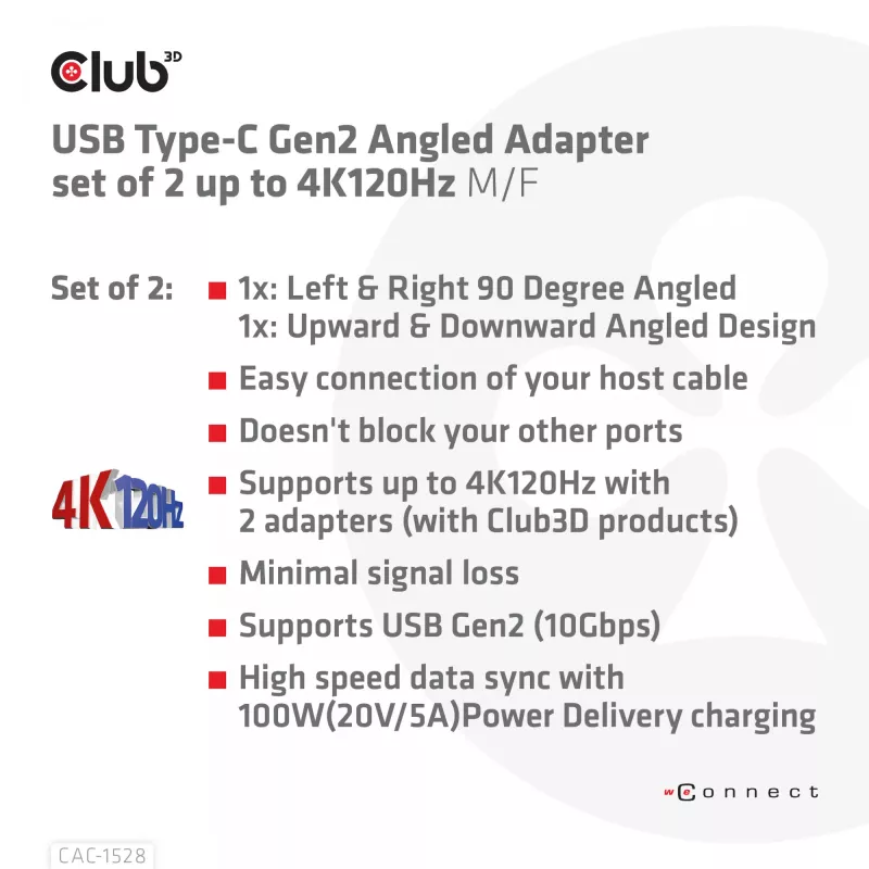 USB Type-C Gen2 leņķa adapteru komplekts (2 gab.) CLUB3D CAC-1528 — USB-C uz USB-C, atbalsta 4K@120Hz