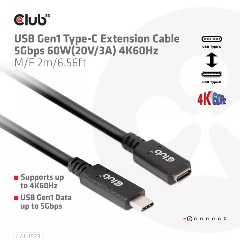 CLUB3D USB Gen1 Type-C pagarinājuma kabelis 5Gbps 60W(20V/3A) 4K60Hz M/F 2m/6.56ft