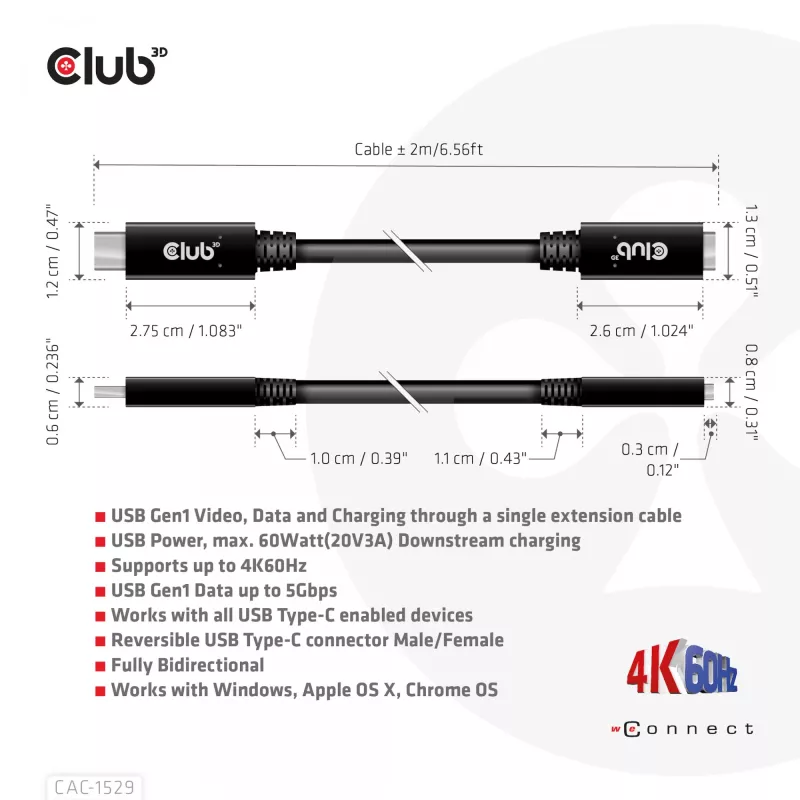 CLUB3D USB Gen1 Type-C pagarinājuma kabelis 5Gbps 60W(20V/3A) 4K60Hz M/F 2m/6.56ft