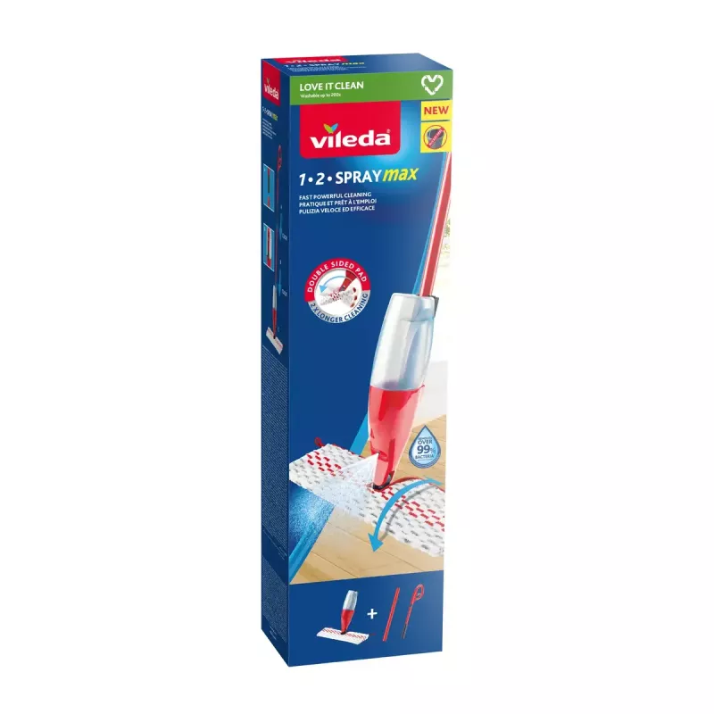 Mop VILEDA Spray Max Microfibre Dry & Wet — plastmasas galva, 0,6 L ūdens tvertne, antibakteriāls, balts/sarkans