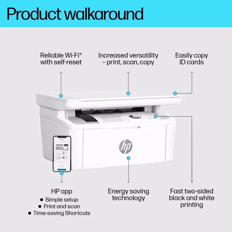 Daudzfunkciju lāzerprinteris HP LaserJet MFP M140w — Melnbalts, 20 lpp/min, 600×600 DPI, A4, Wi‑Fi, Ethernet, Balts