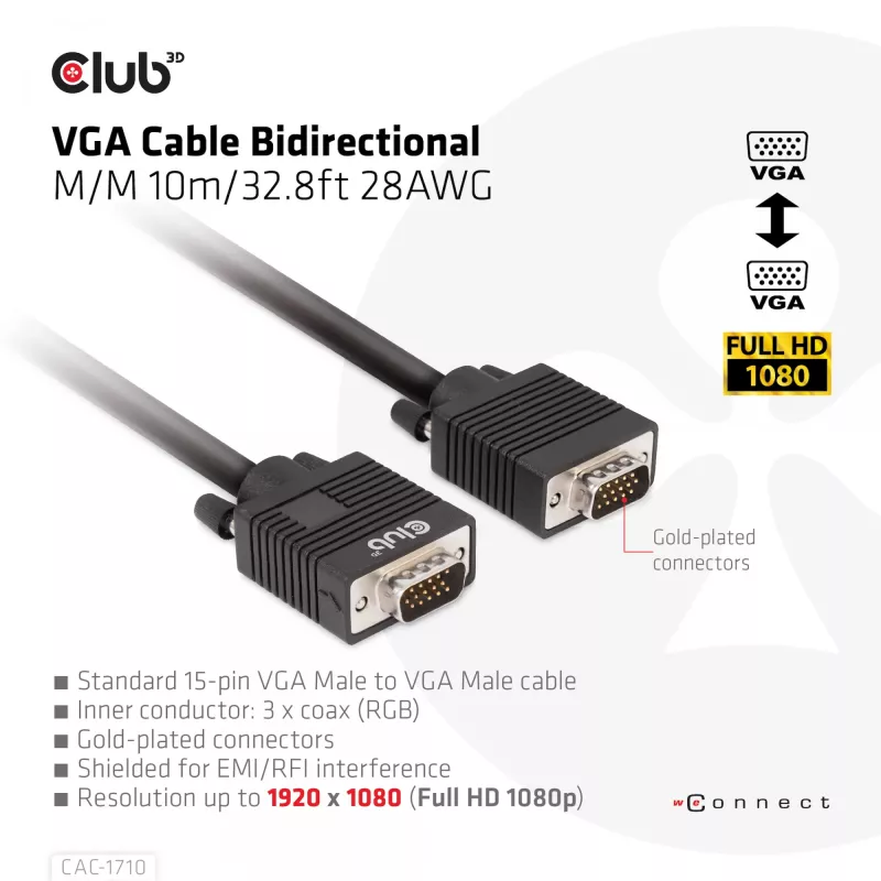 VGA kabelis divvirzienu M/M 10m/32,8ft CLUB3D CAC-1710