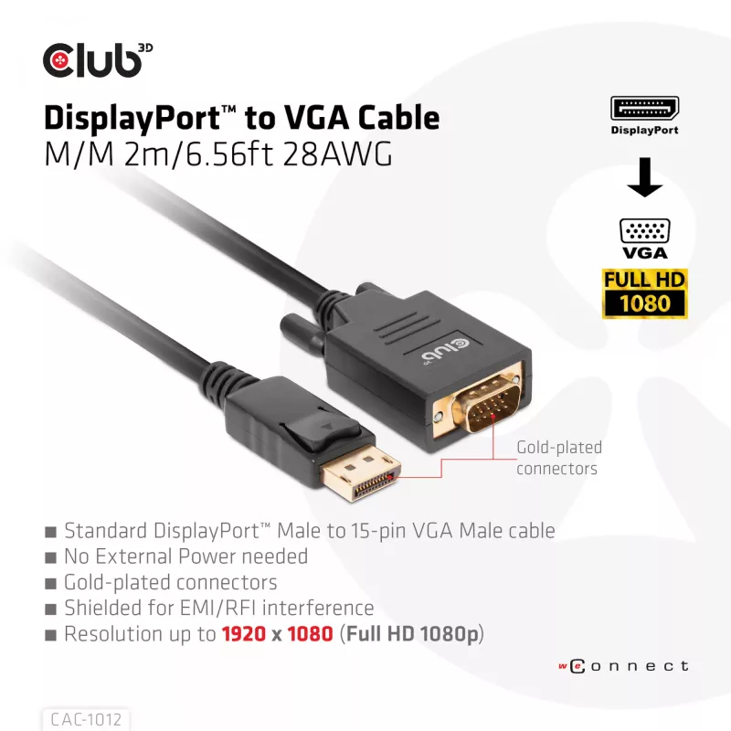 DisplayPort to VGA kabelis M/M CLUB3D CAC-1012 2m