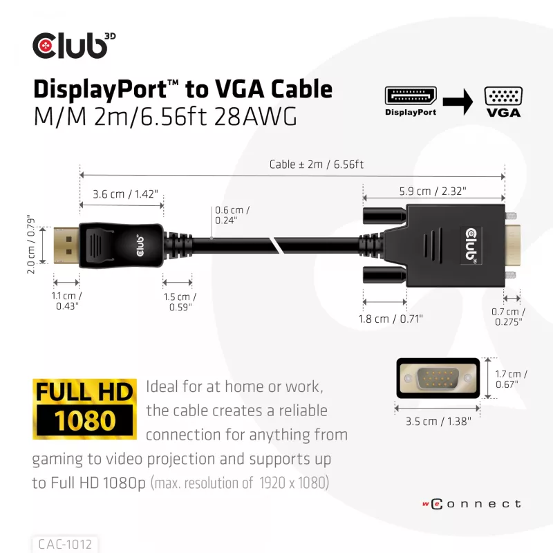 DisplayPort to VGA kabelis M/M CLUB3D CAC-1012 2m