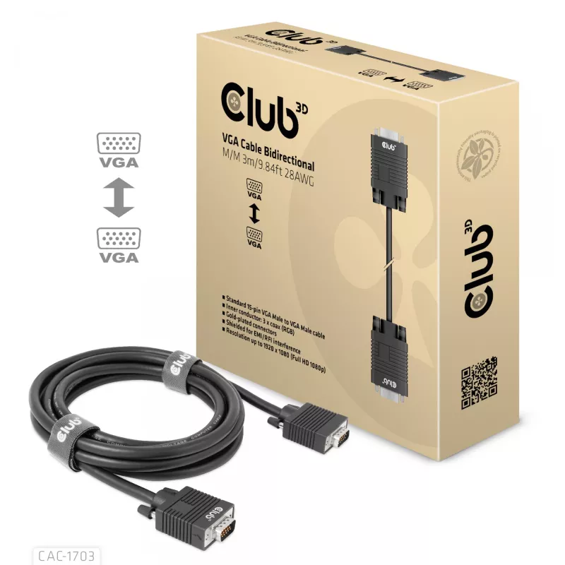 VGA kabelis, divvirzienu, M/M, 3 m, 28AWG, CLUB3D CAC-1703