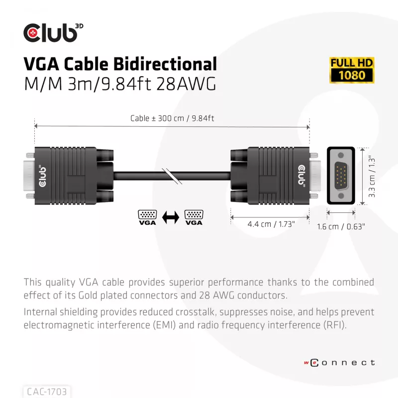 VGA kabelis, divvirzienu, M/M, 3 m, 28AWG, CLUB3D CAC-1703