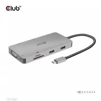 CLUB3D USB Gen1 Type-C 9-in-1 centrmezgls ar HDMI, VGA, 2x USB Gen1 Type-A, RJ45, SD/Micro SD karšu slotiem un USB Gen1 Type-C sieviešu portu