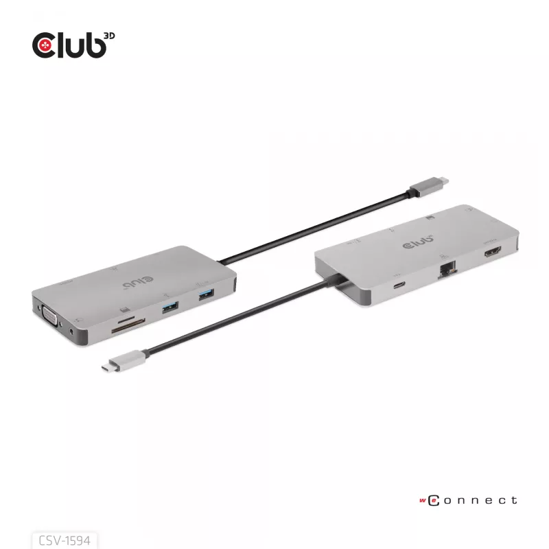 CLUB3D USB Gen1 Type-C 9-in-1 centrmezgls ar HDMI, VGA, 2x USB Gen1 Type-A, RJ45, SD/Micro SD karšu slotiem un USB Gen1 Type-C sieviešu portu