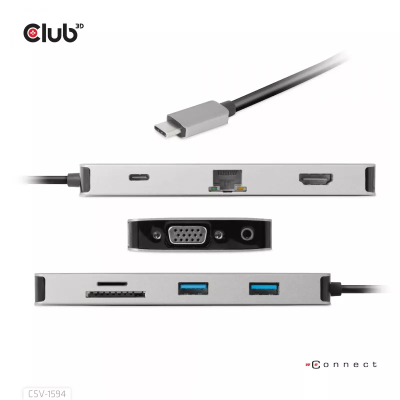 CLUB3D USB Gen1 Type-C 9-in-1 centrmezgls ar HDMI, VGA, 2x USB Gen1 Type-A, RJ45, SD/Micro SD karšu slotiem un USB Gen1 Type-C sieviešu portu