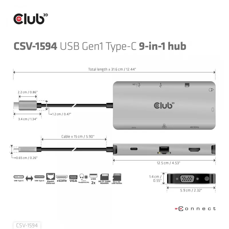 CLUB3D USB Gen1 Type-C 9-in-1 centrmezgls ar HDMI, VGA, 2x USB Gen1 Type-A, RJ45, SD/Micro SD karšu slotiem un USB Gen1 Type-C sieviešu portu