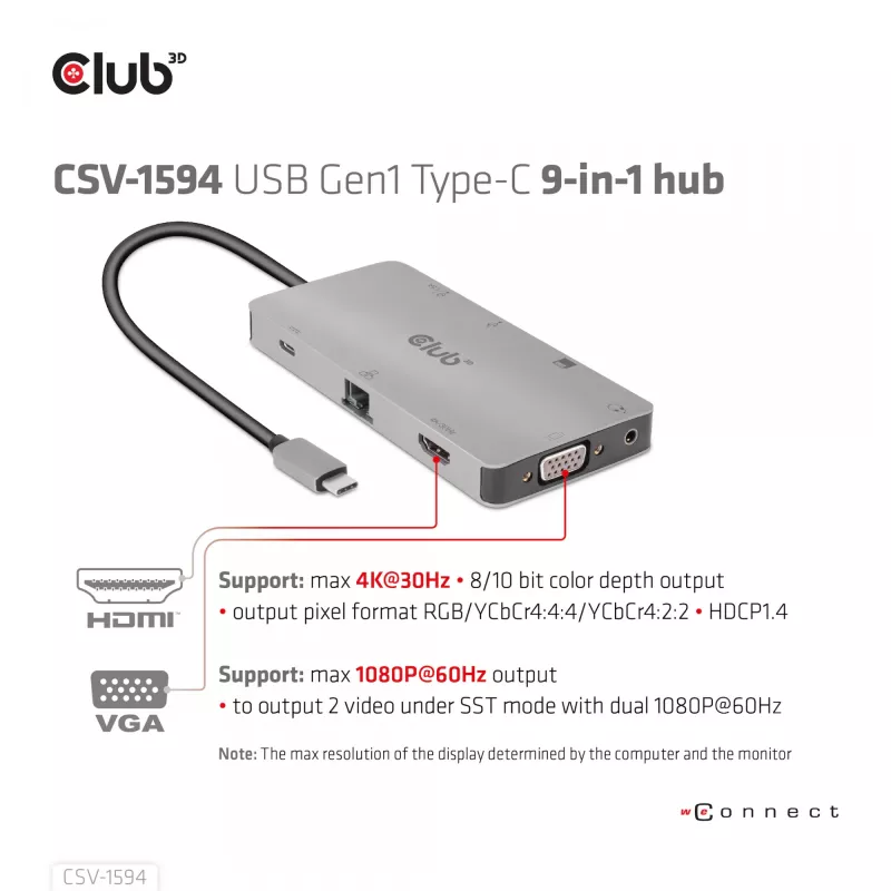 CLUB3D USB Gen1 Type-C 9-in-1 centrmezgls ar HDMI, VGA, 2x USB Gen1 Type-A, RJ45, SD/Micro SD karšu slotiem un USB Gen1 Type-C sieviešu portu