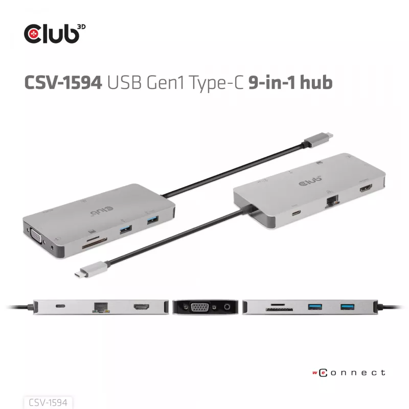 CLUB3D USB Gen1 Type-C 9-in-1 centrmezgls ar HDMI, VGA, 2x USB Gen1 Type-A, RJ45, SD/Micro SD karšu slotiem un USB Gen1 Type-C sieviešu portu
