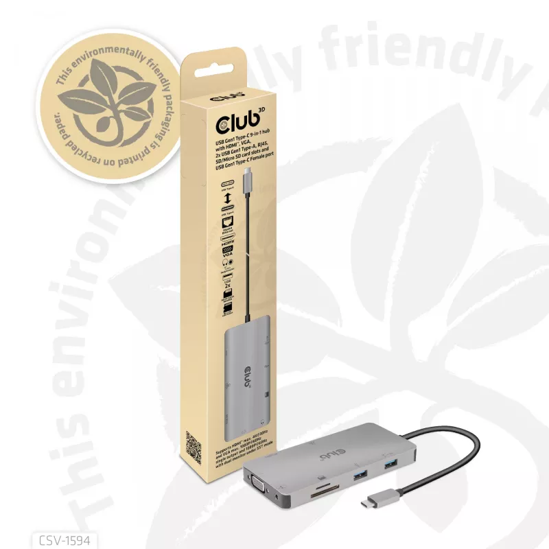 CLUB3D USB Gen1 Type-C 9-in-1 centrmezgls ar HDMI, VGA, 2x USB Gen1 Type-A, RJ45, SD/Micro SD karšu slotiem un USB Gen1 Type-C sieviešu portu