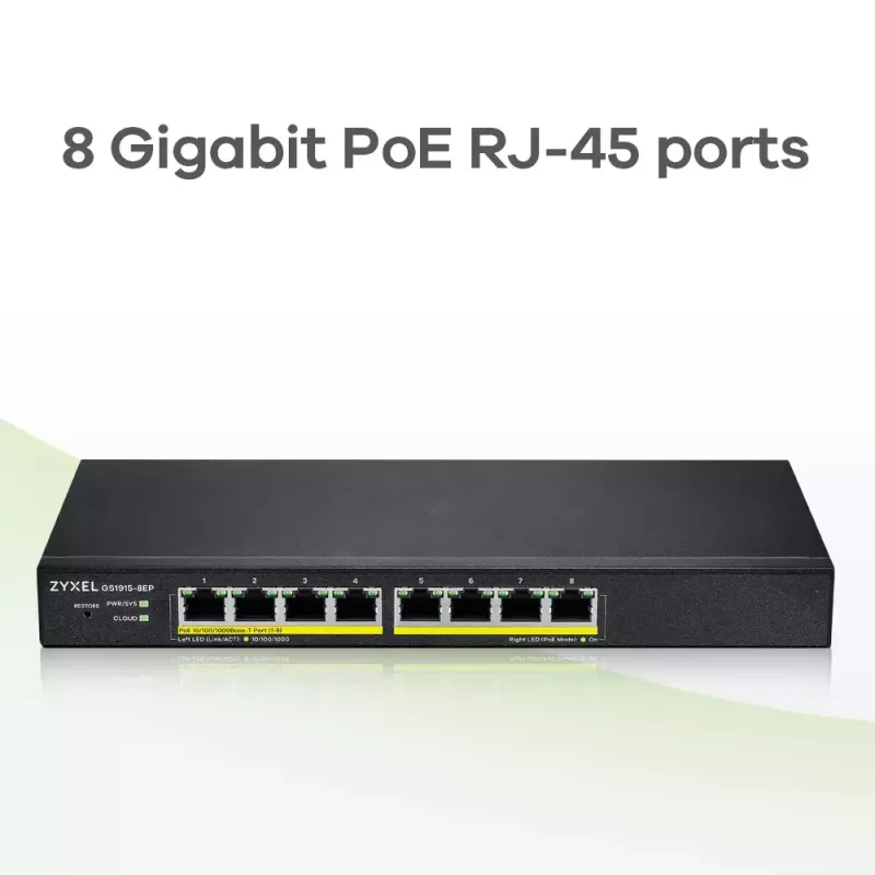 Zyxel GS1915-8EP pārvaldāms L2 Gigabit Ethernet (10/100/1000) Power over Ethernet (PoE) melns