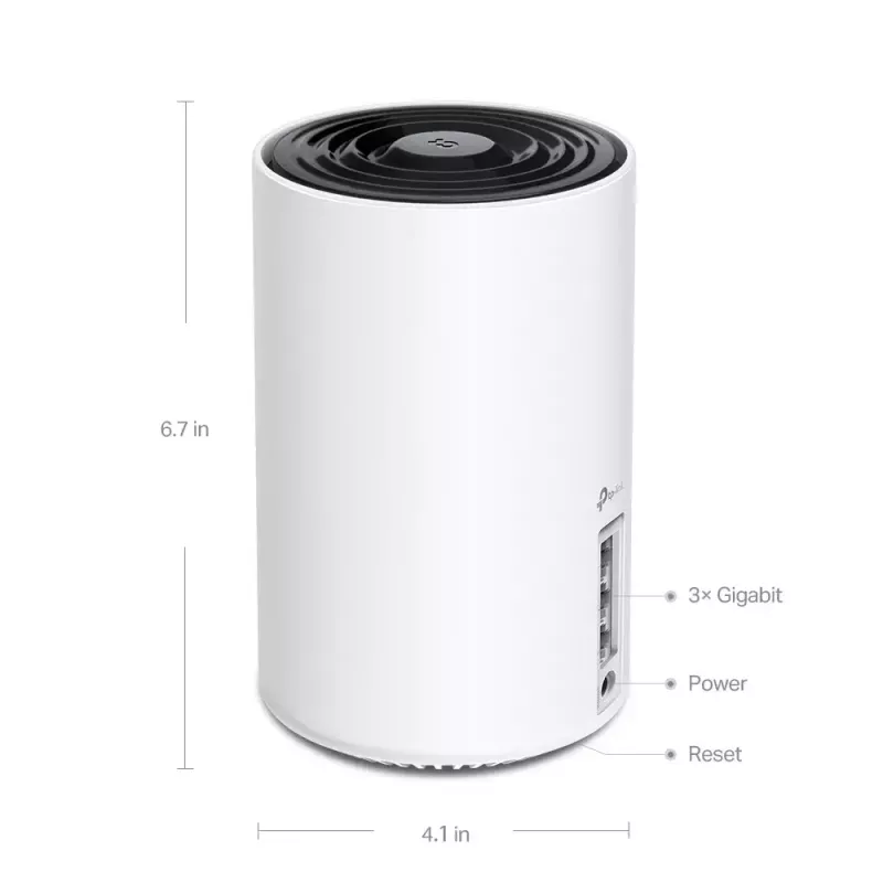 Router TP‑LINK AXE5400 Mesh Wi‑Fi 6E sistēma — Tri‑Band 2.4/5/6 GHz, pārklājums līdz 670 m², 3× LAN, 4 iekšējās antenas