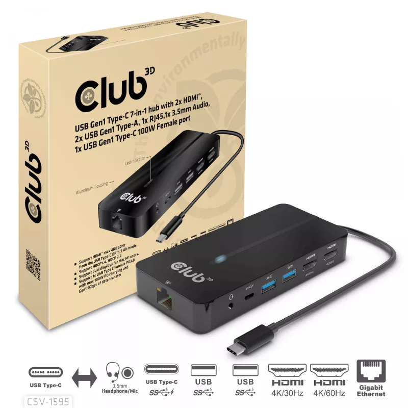 CLUB3D 7-in-1 Type-C centrmezgls ar 2x HDMI, 2x USB Gen1 Type-A, 1x RJ45, 1x 3.5mm Audio, 1x USB Gen1 Type-C 100W sieviešu ports