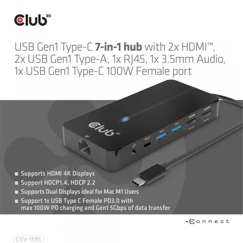 CLUB3D 7-in-1 Type-C centrmezgls ar 2x HDMI, 2x USB Gen1 Type-A, 1x RJ45, 1x 3.5mm Audio, 1x USB Gen1 Type-C 100W sieviešu ports