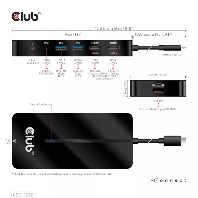 CLUB3D 7-in-1 Type-C centrmezgls ar 2x HDMI, 2x USB Gen1 Type-A, 1x RJ45, 1x 3.5mm Audio, 1x USB Gen1 Type-C 100W sieviešu ports