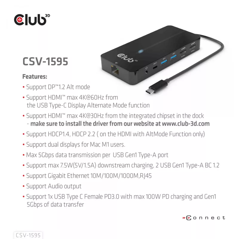 CLUB3D 7-in-1 Type-C centrmezgls ar 2x HDMI, 2x USB Gen1 Type-A, 1x RJ45, 1x 3.5mm Audio, 1x USB Gen1 Type-C 100W sieviešu ports