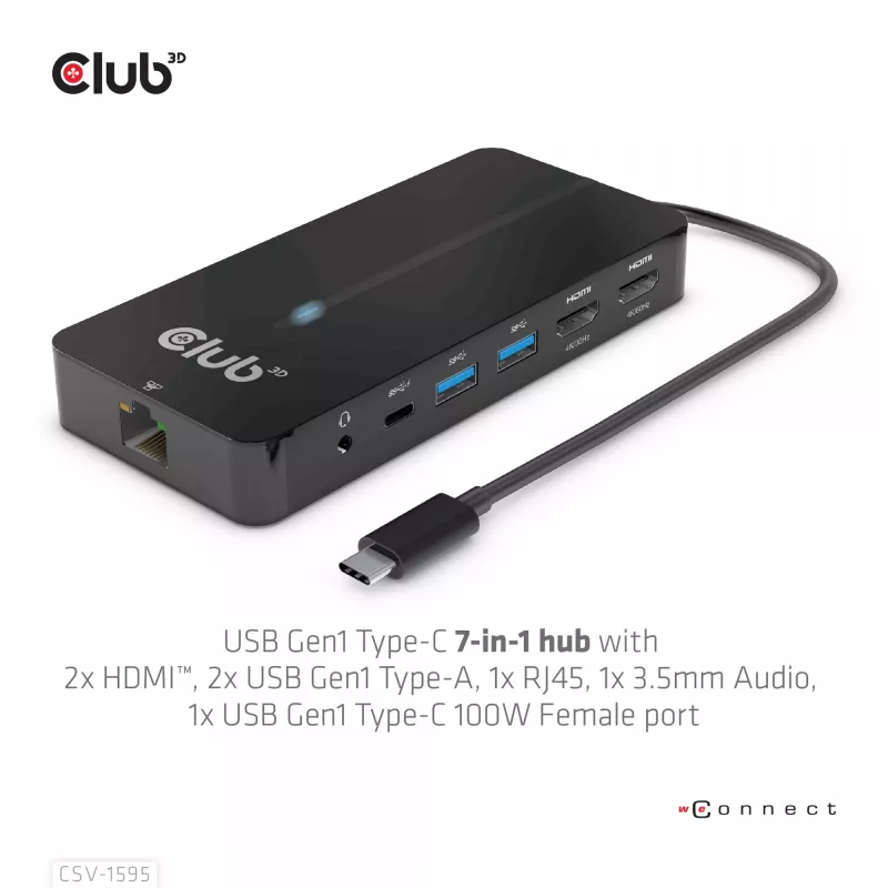 CLUB3D 7-in-1 Type-C centrmezgls ar 2x HDMI, 2x USB Gen1 Type-A, 1x RJ45, 1x 3.5mm Audio, 1x USB Gen1 Type-C 100W sieviešu ports