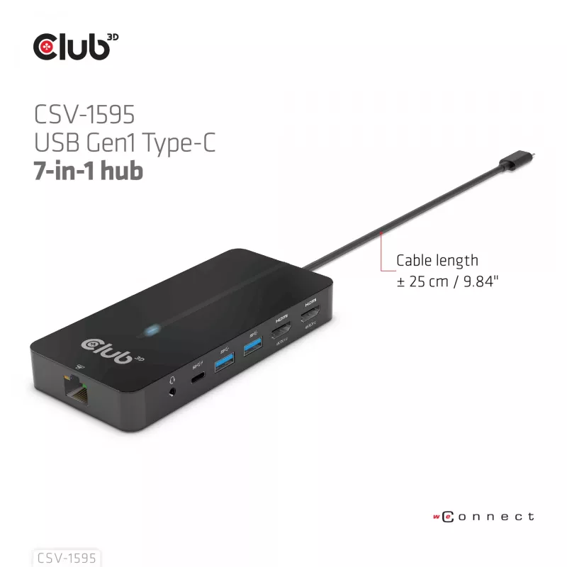 CLUB3D 7-in-1 Type-C centrmezgls ar 2x HDMI, 2x USB Gen1 Type-A, 1x RJ45, 1x 3.5mm Audio, 1x USB Gen1 Type-C 100W sieviešu ports