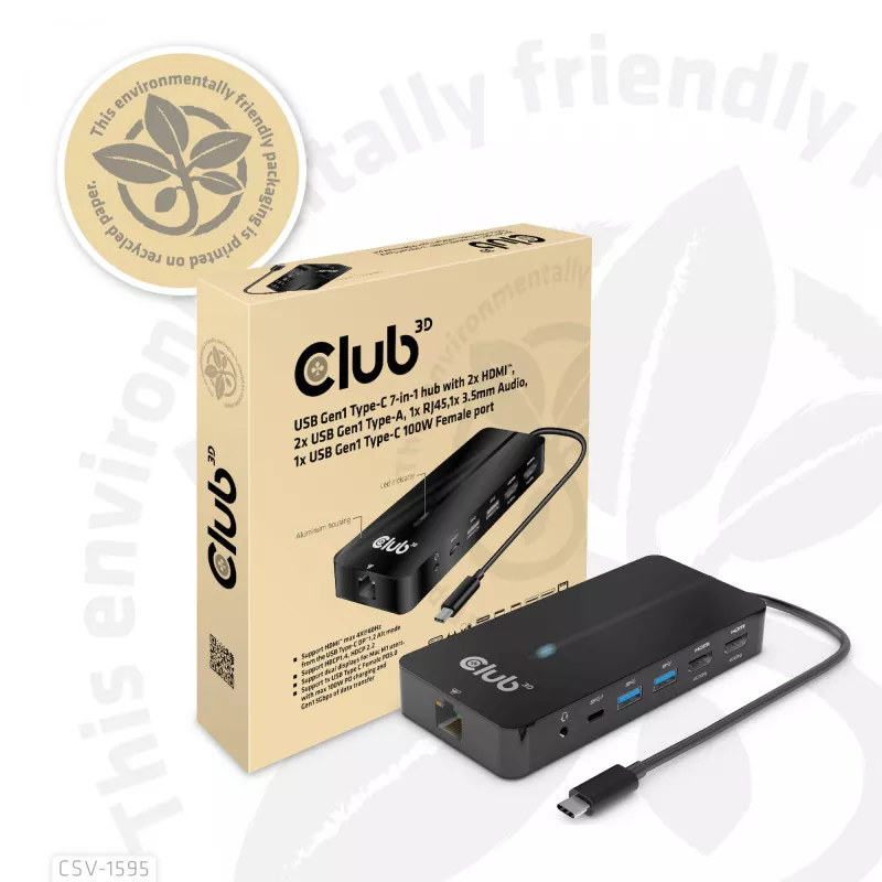 CLUB3D 7-in-1 Type-C centrmezgls ar 2x HDMI, 2x USB Gen1 Type-A, 1x RJ45, 1x 3.5mm Audio, 1x USB Gen1 Type-C 100W sieviešu ports