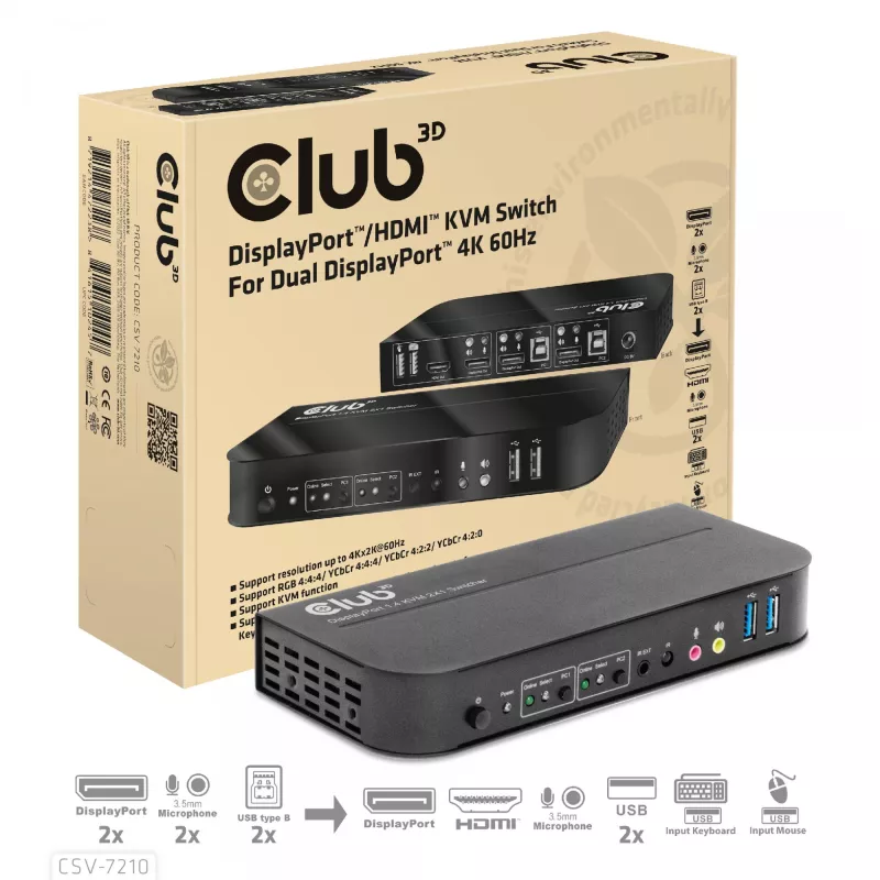 CLUB3D DisplayPort/HDMI KVM slēdzis diviem DisplayPort 4K 60Hz