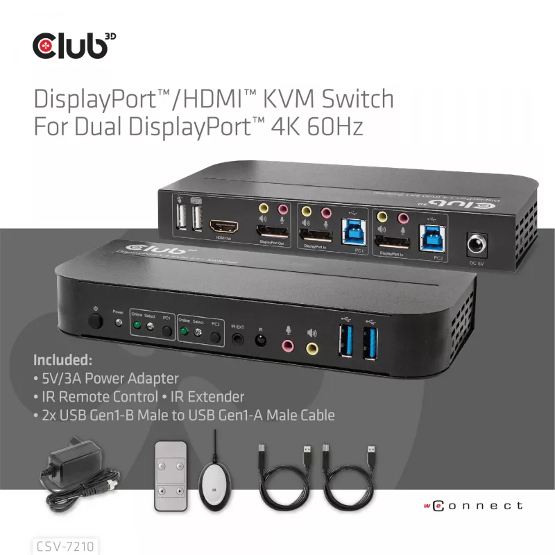CLUB3D DisplayPort/HDMI KVM slēdzis diviem DisplayPort 4K 60Hz