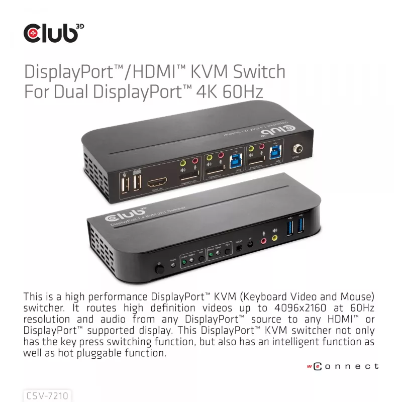 CLUB3D DisplayPort/HDMI KVM slēdzis diviem DisplayPort 4K 60Hz