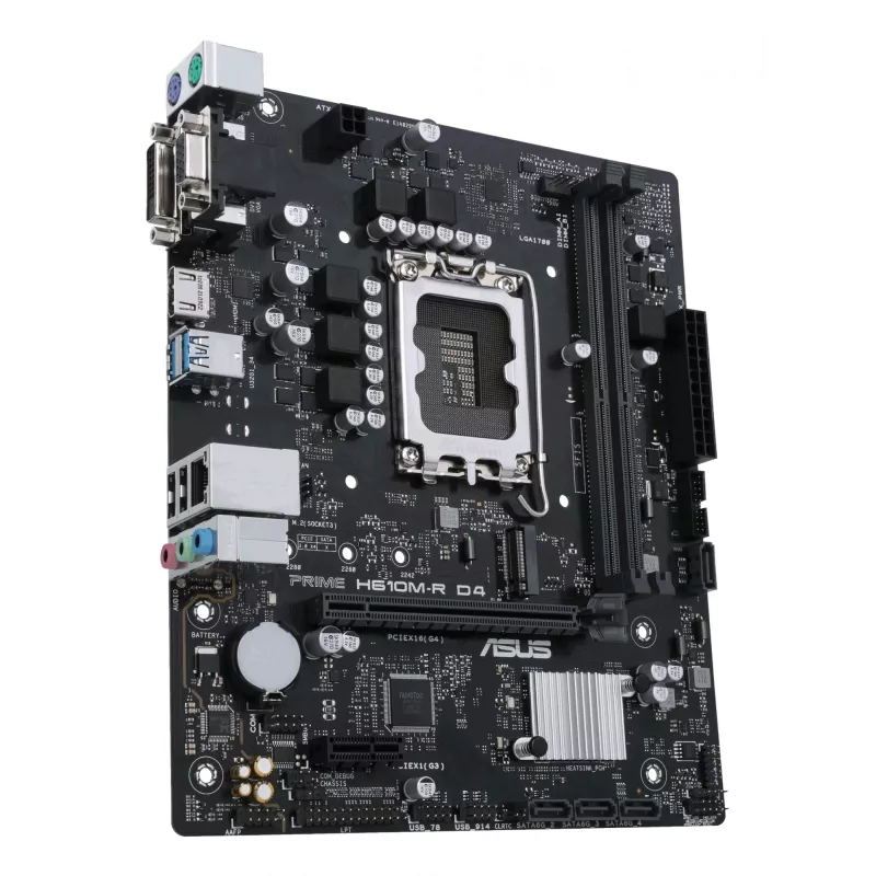 Mātesplate ASUS PRIME H610M-R D4 — Intel H610, LGA 1700, Micro ATX, DDR4, 2 DIMM (līdz 64 GB), M.2 un SATA III, USB Type-A