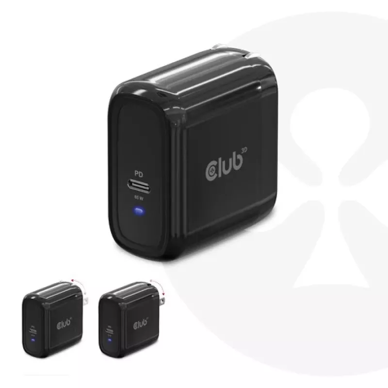 CLUB3D Travel Charger 65W GAN tehnoloģija, viens ports USB Type-C, Power Delivery (PD) 3.0 atbalsts