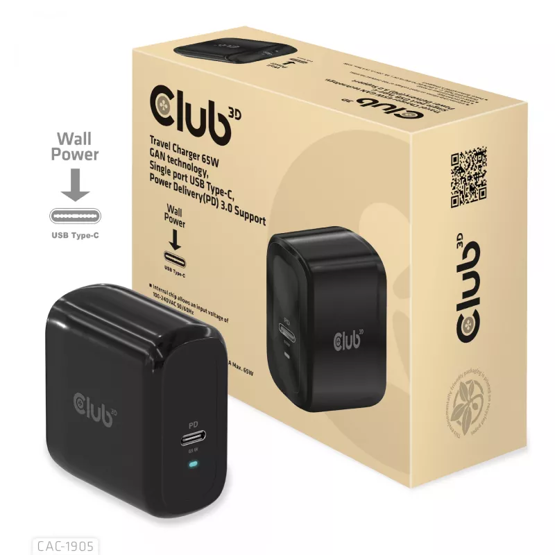 CLUB3D Travel Charger 65W GAN tehnoloģija, viens ports USB Type-C, Power Delivery (PD) 3.0 atbalsts
