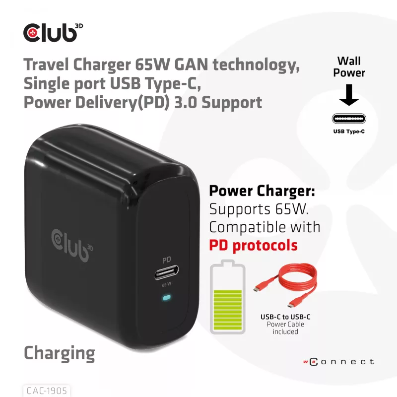 CLUB3D Travel Charger 65W GAN tehnoloģija, viens ports USB Type-C, Power Delivery (PD) 3.0 atbalsts